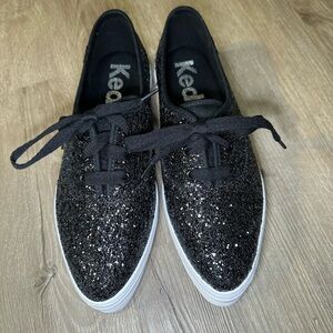 Keds Black Glitter Sneakers Women’s Size 8 Platform Lace Up Shoes NWOB